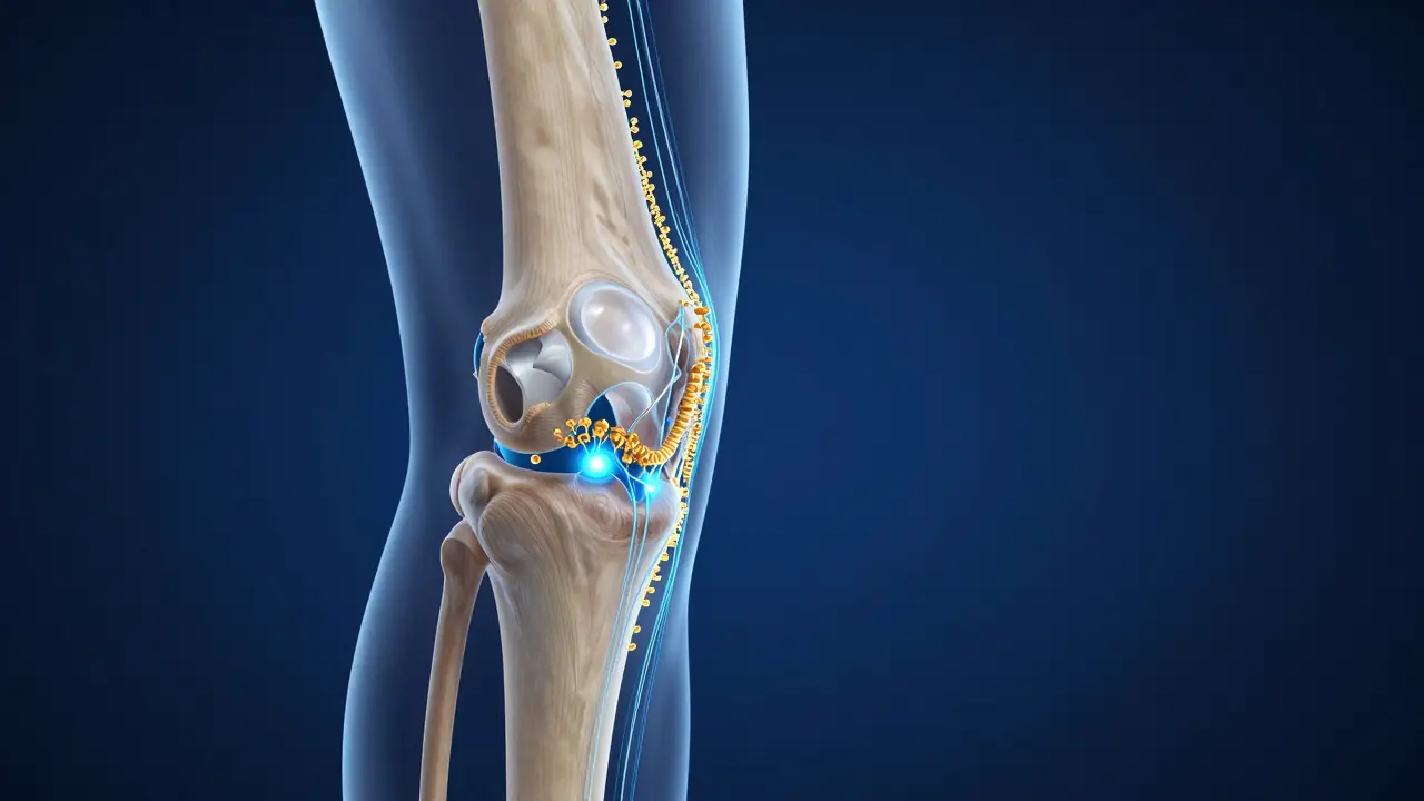 3D vizualizace regenerace chrupavky v kolenním kloubu pomocí peptidů.