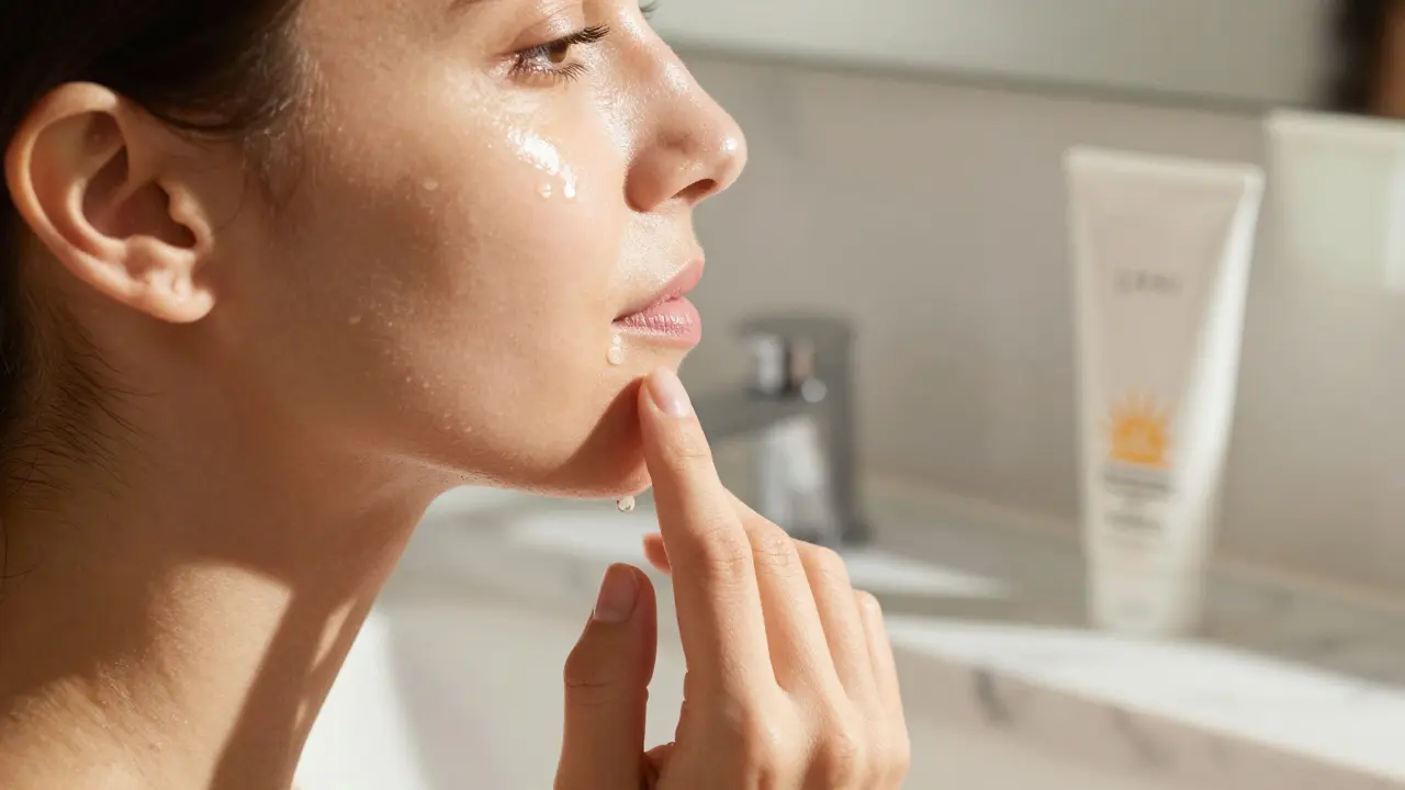 Detail nanášení hydratačního séra na zdravou a zářivou pleť v ranním světle.