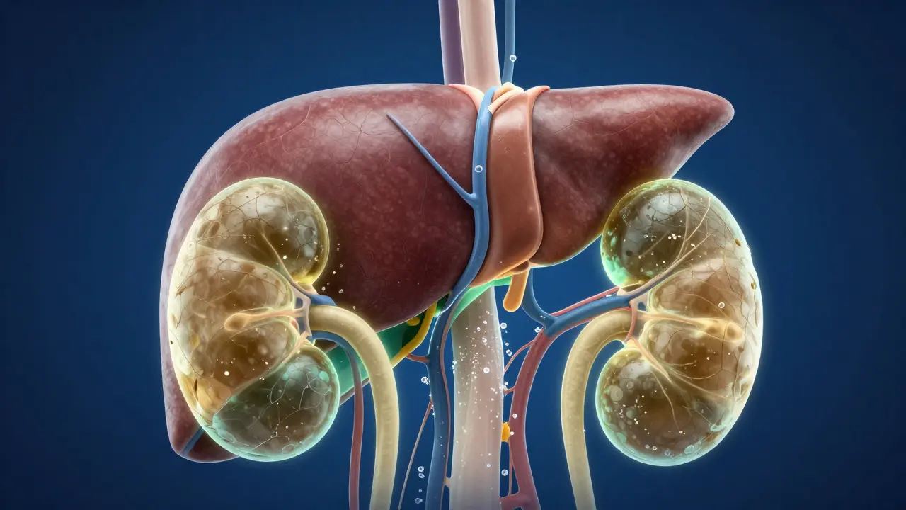 Detailní vizualizace regenerace jater a ledvin při čištění krve.