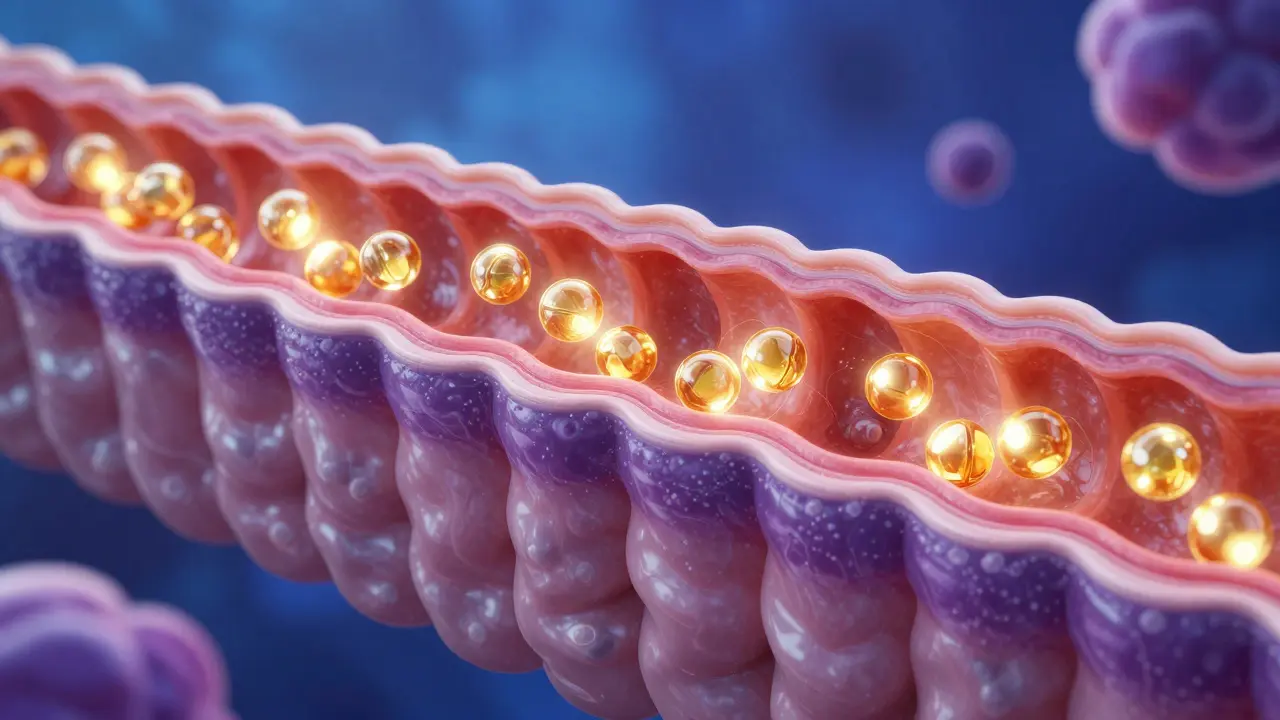 Ilustrace vstřebávání malých dávek vitaminu C vv střevě