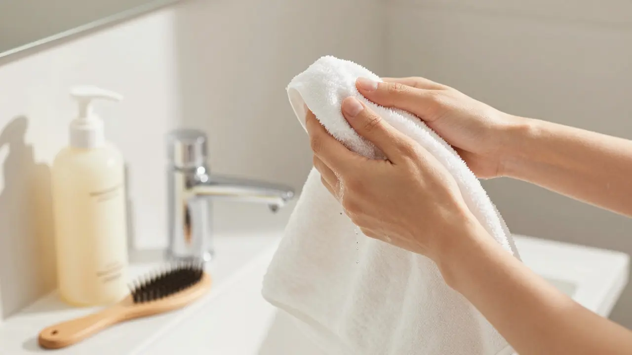 Jemné osušování vlasů mikrovláknovým ručníkem v bright koupelně.