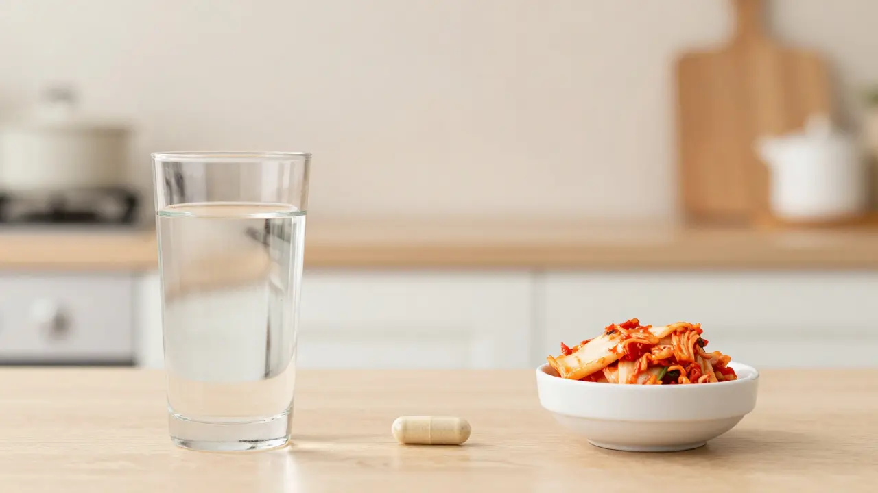 Kapsle probiotika vedle sklenice vody a fermentované zeleniny jako symbol obnovy.