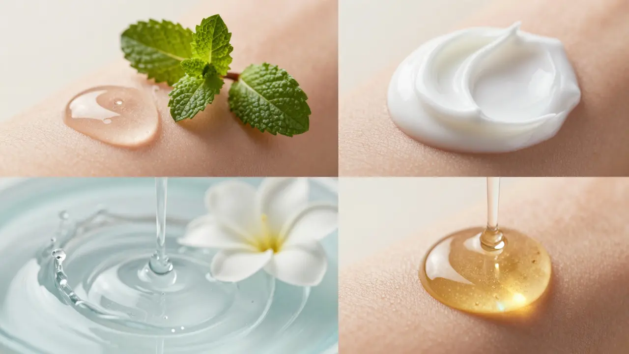 Koláž různých textur kosmetiky: gel, hustý krém, termální voda a zlaté sérum.