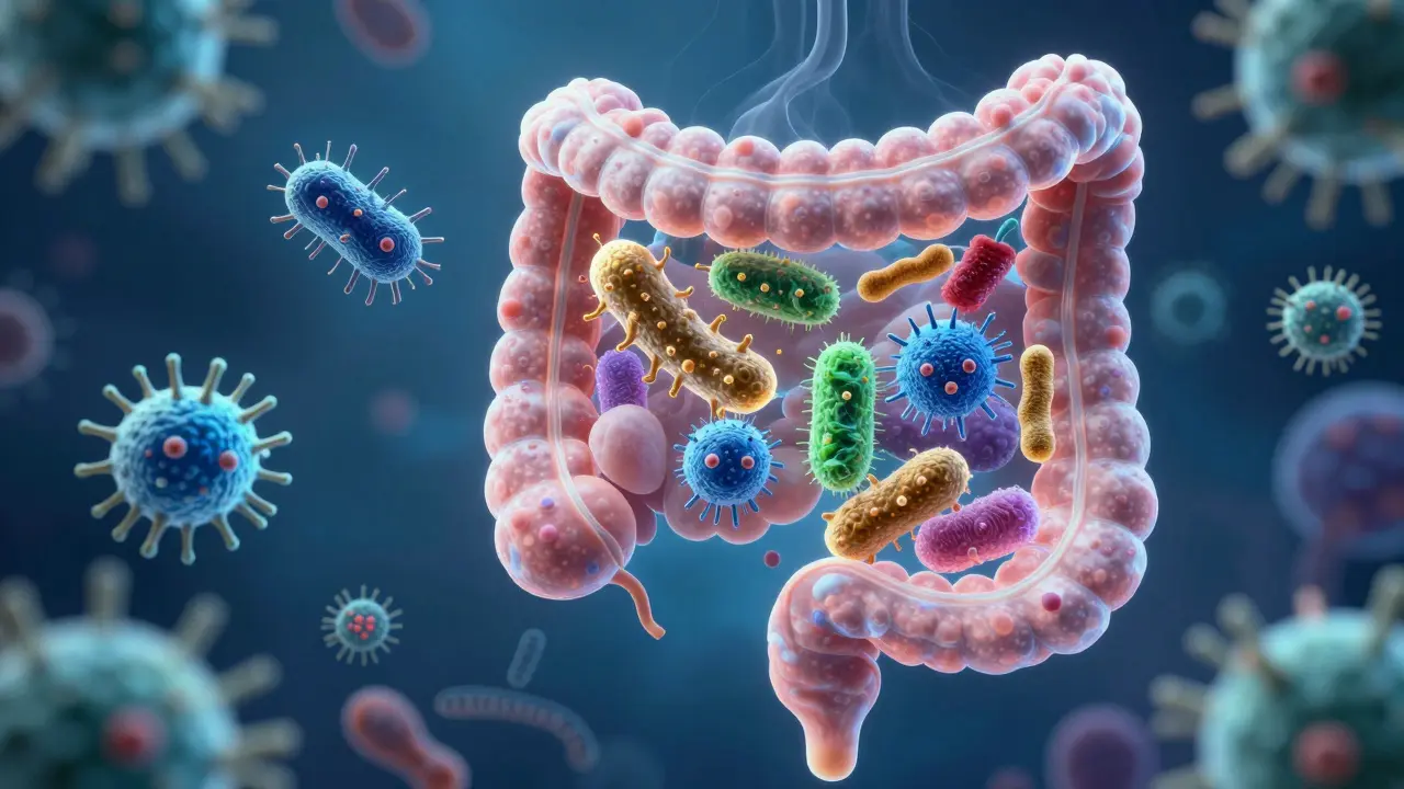 Koncepční znázornění zdravého mikrobiomu v lidském střevě.