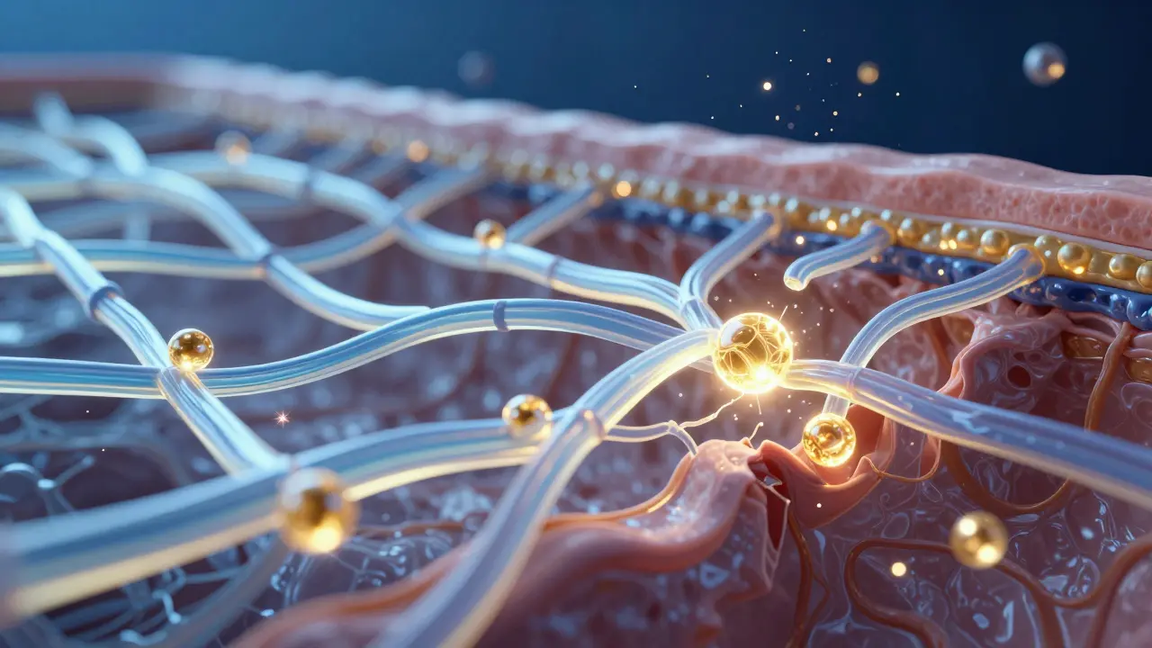 Konceptuální 3D zobrazení kolagenových vláken v kůži při procesu regenerace.