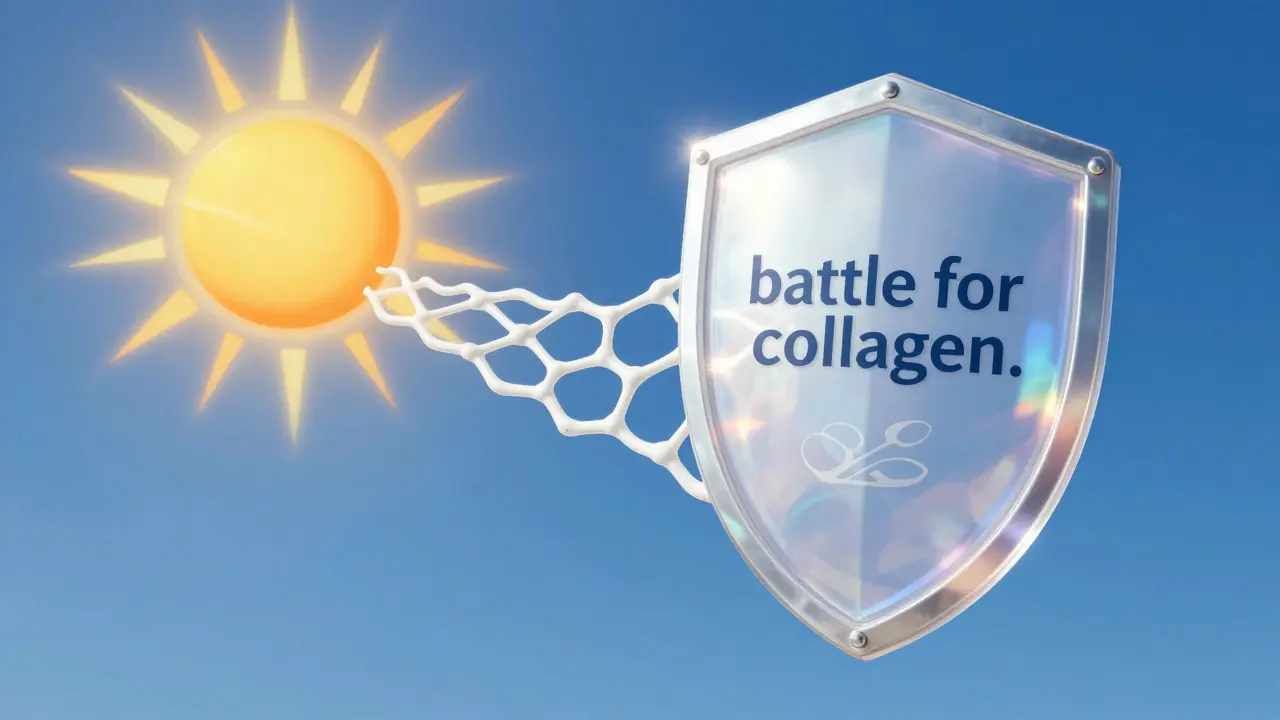 Konceptuální obraz ochrany kolagenu v pleti před UV zářením pomocí SPF.