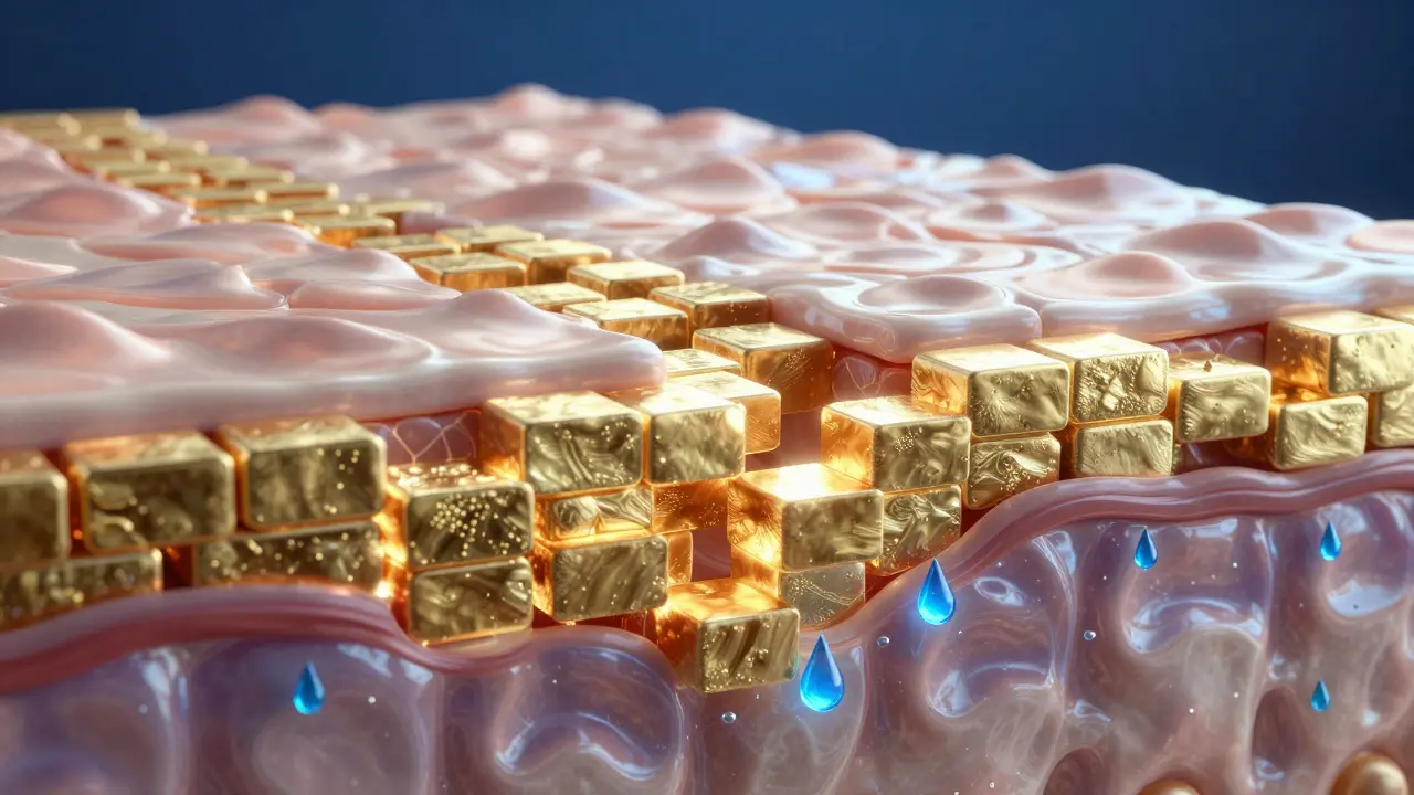 Konceptuální znázornení opravy lipidové bariéry kůže pomocí ceramidů.