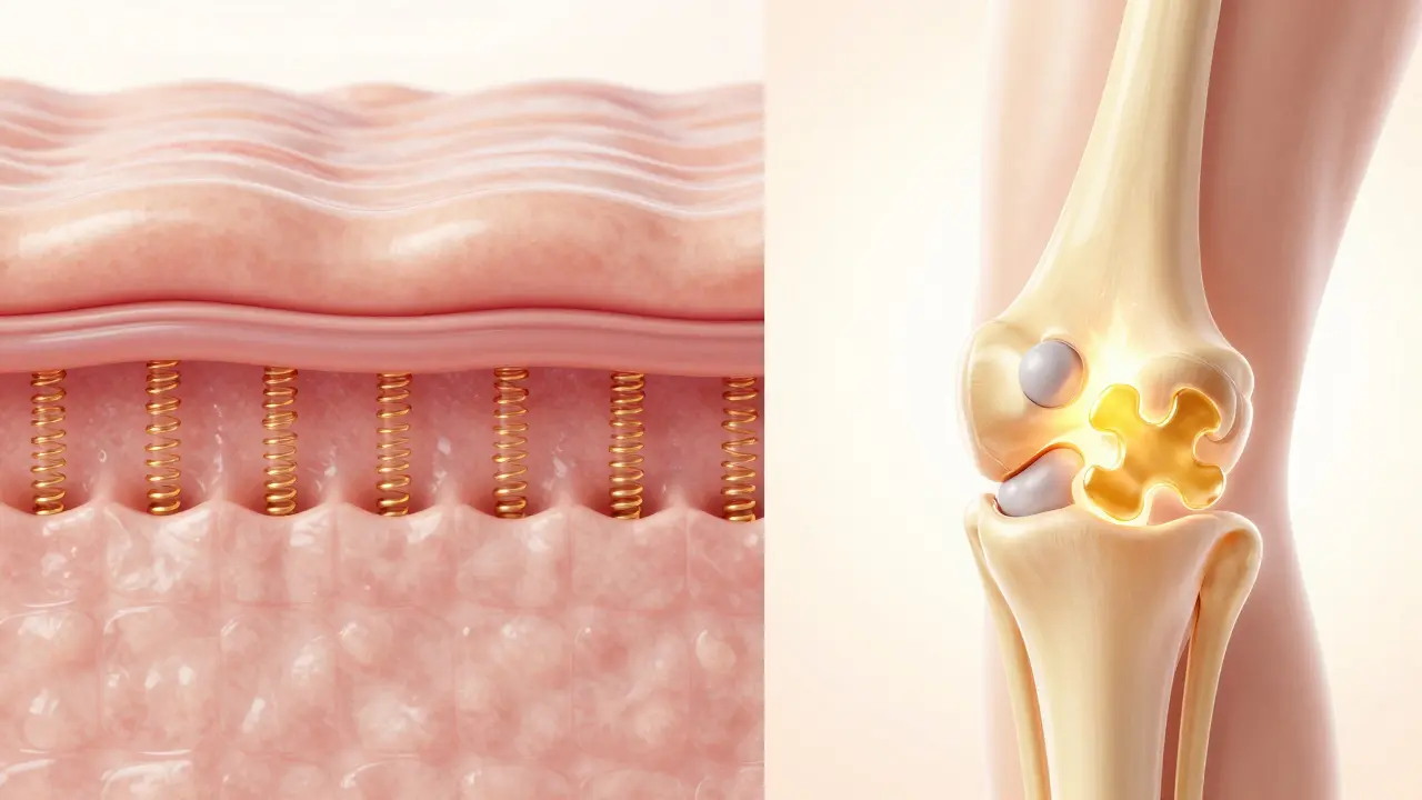 Konceptuální zobrazení obnovy pružnosti pleti a regenerace kloubní chrupavky.