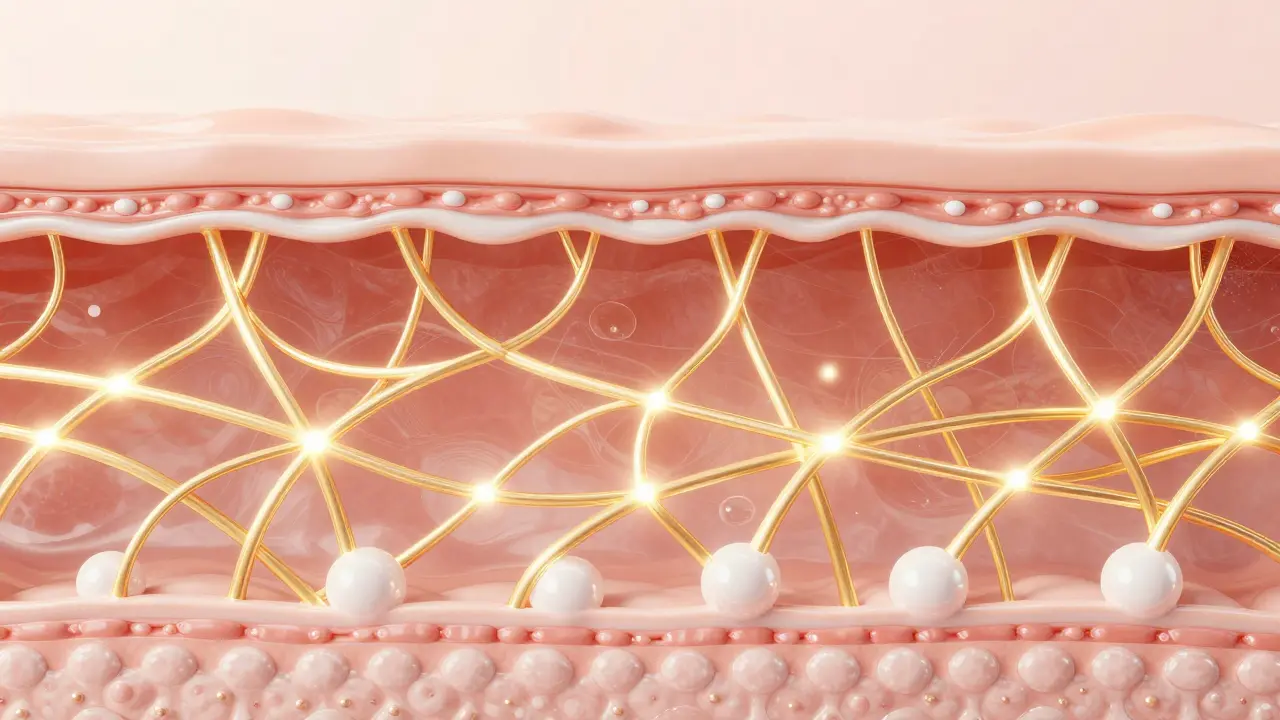 Konceptuální zobrazení regenerace kolagenových vláken v hlubokých vrstvách pokožky.