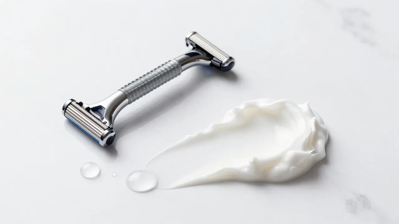 Kvalitní žiletka a bílý holicí gel na mramorovém povrchu.