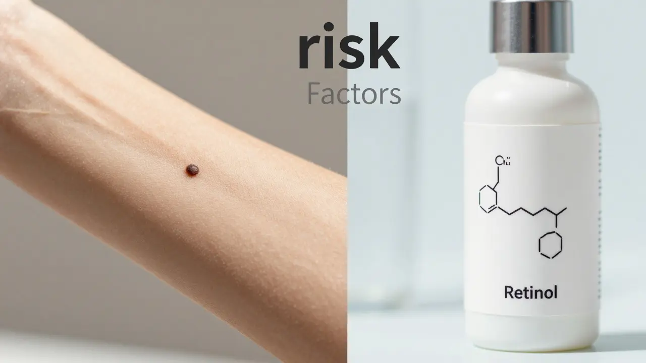 Opálená kůže s mateřákem a produkt s retinolem jako varování před IPL.