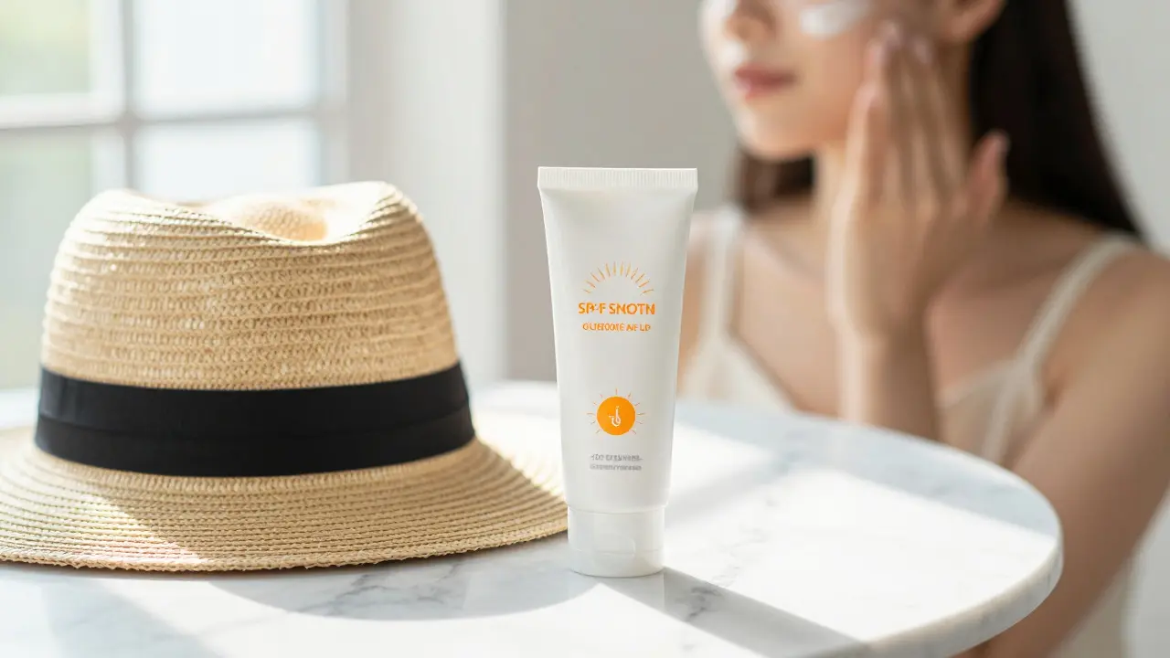 Opalovací krém a klobouk jako symbol ochrany pokožky před sluncem.