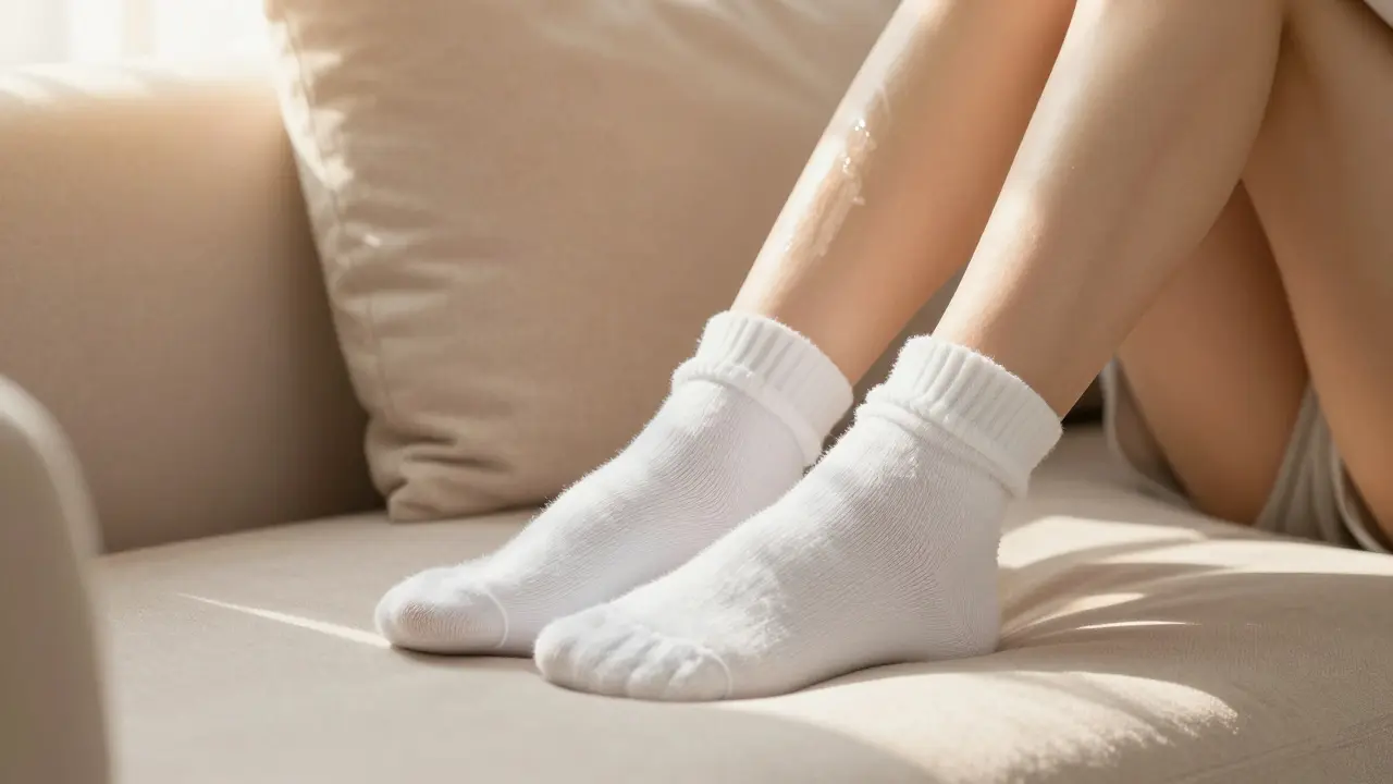 Osoba v bílých bavlněných ponožkách relaxující na pohovce.