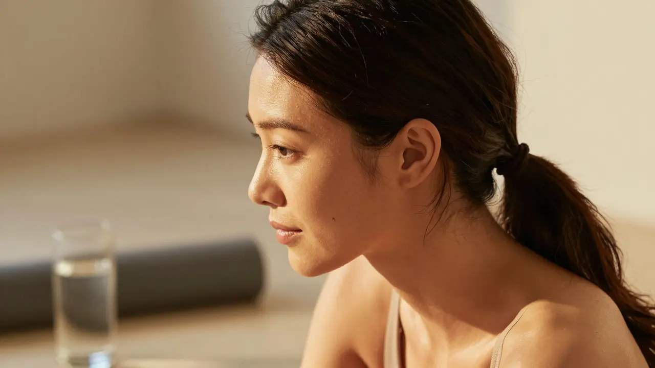 Portrét ženy s vyzařující pletí a zdravými vlasy v teplém přirozeném světle.