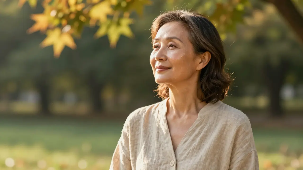 Portrét ženy smůživou pletí v přírodě během zlaté hodinky.