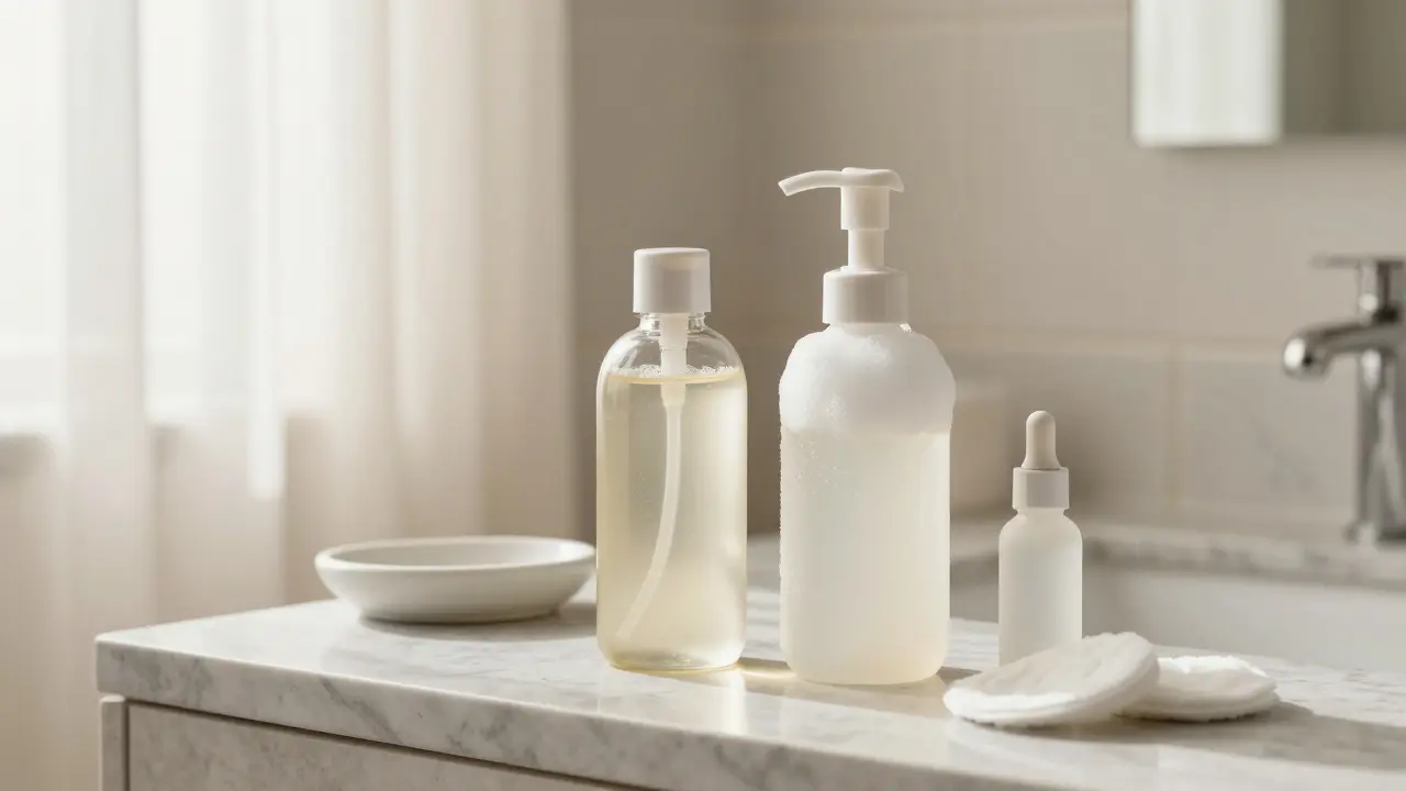 Přípravek pro dvojitou čištění na mramorovém pultu