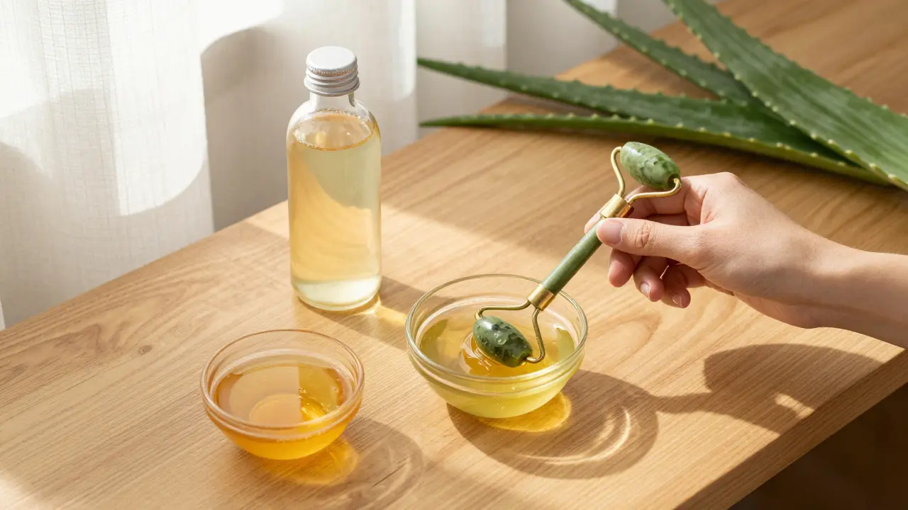  Přírodní maska z aloe vera a medu s jadeitovým válečkem na stole.