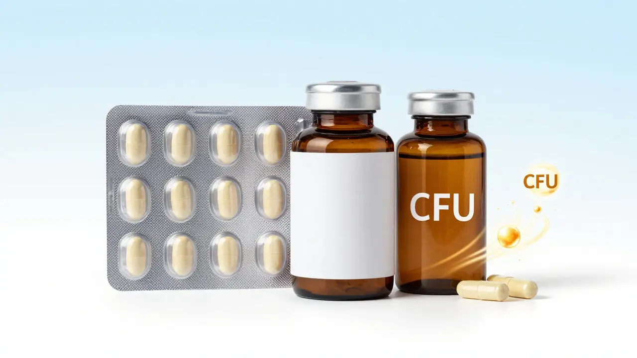 Profesionální produktová fotografie probiotických kapsul v alu-blistru s kontrolou CFU.