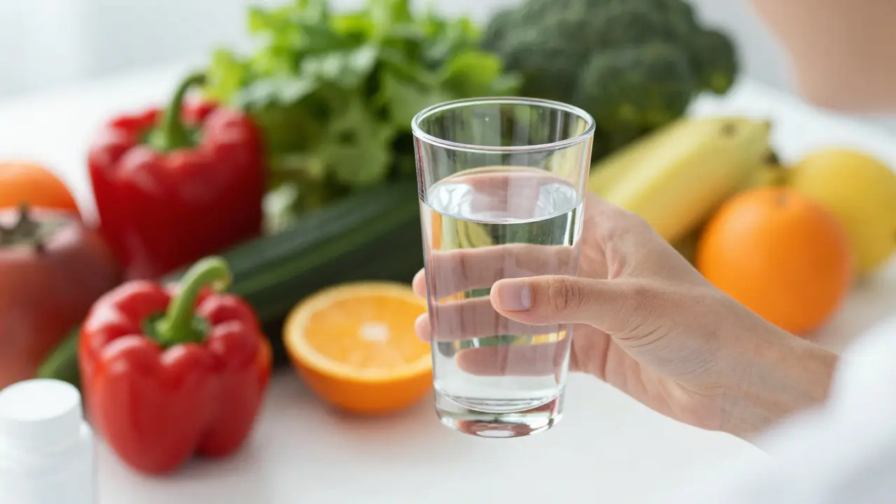 Ruka s doplňkem stravy v doprovodu čerstvé zeleniny a ovoce