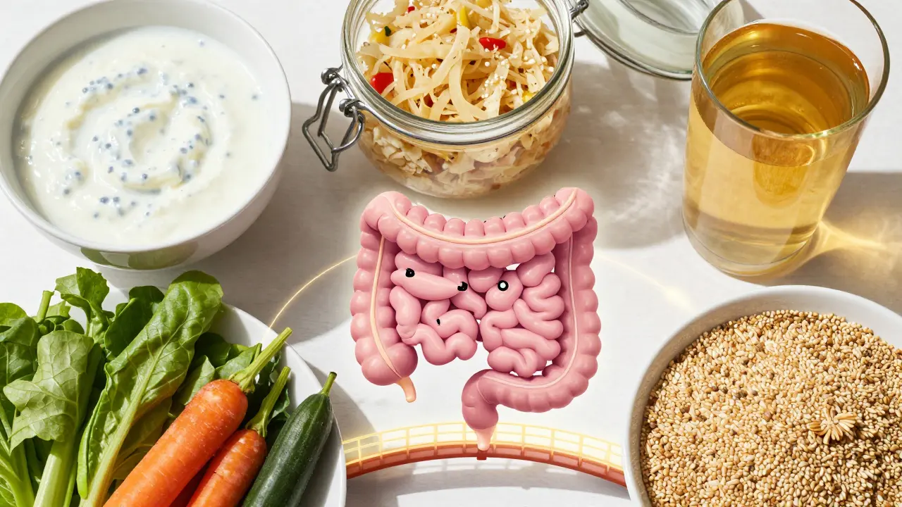 Sada fermentovaných potravin a vláknin, které slouží jako prebiotika pro zdravé střevo.