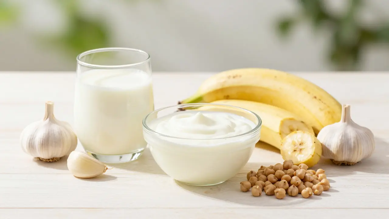 Sada potravin bohatých na probiotika a prebiotika, jako kefír, banány a česnek.