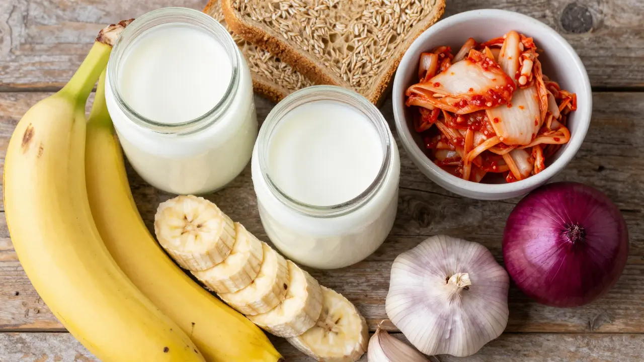 Sada prebiotických potravin jako banány, česnek a celozrnné pečivo.