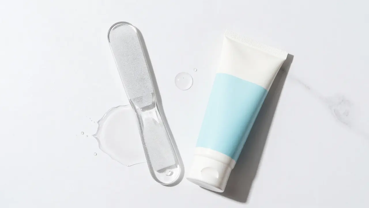 Sada pro péči o nohy obsahující sklený pilník a hydratační krém.