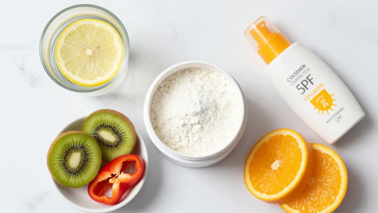 Sada produktů pro péči o pleť: kolagen, voda s citronem, vitamín C a opalovací krém.