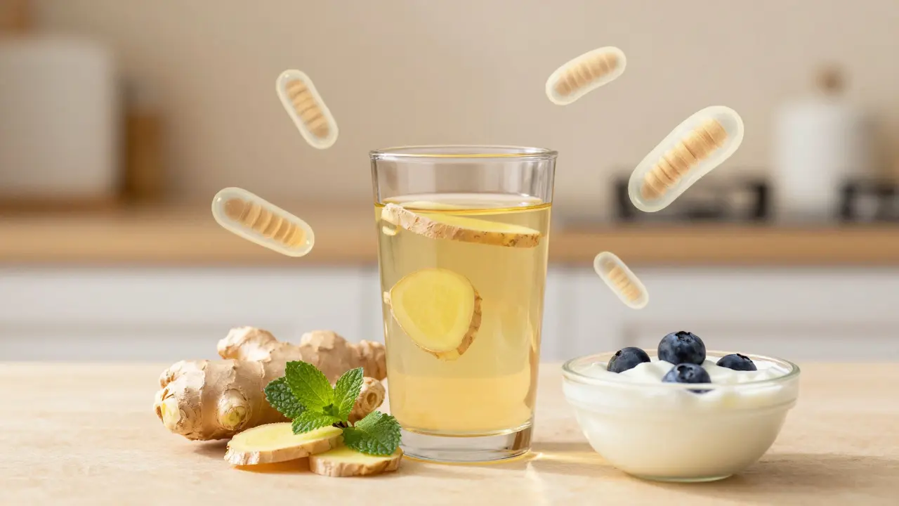 Šálek zázvorového čaje s mátou a miska jogurtu symbolizující obnovu trávení.