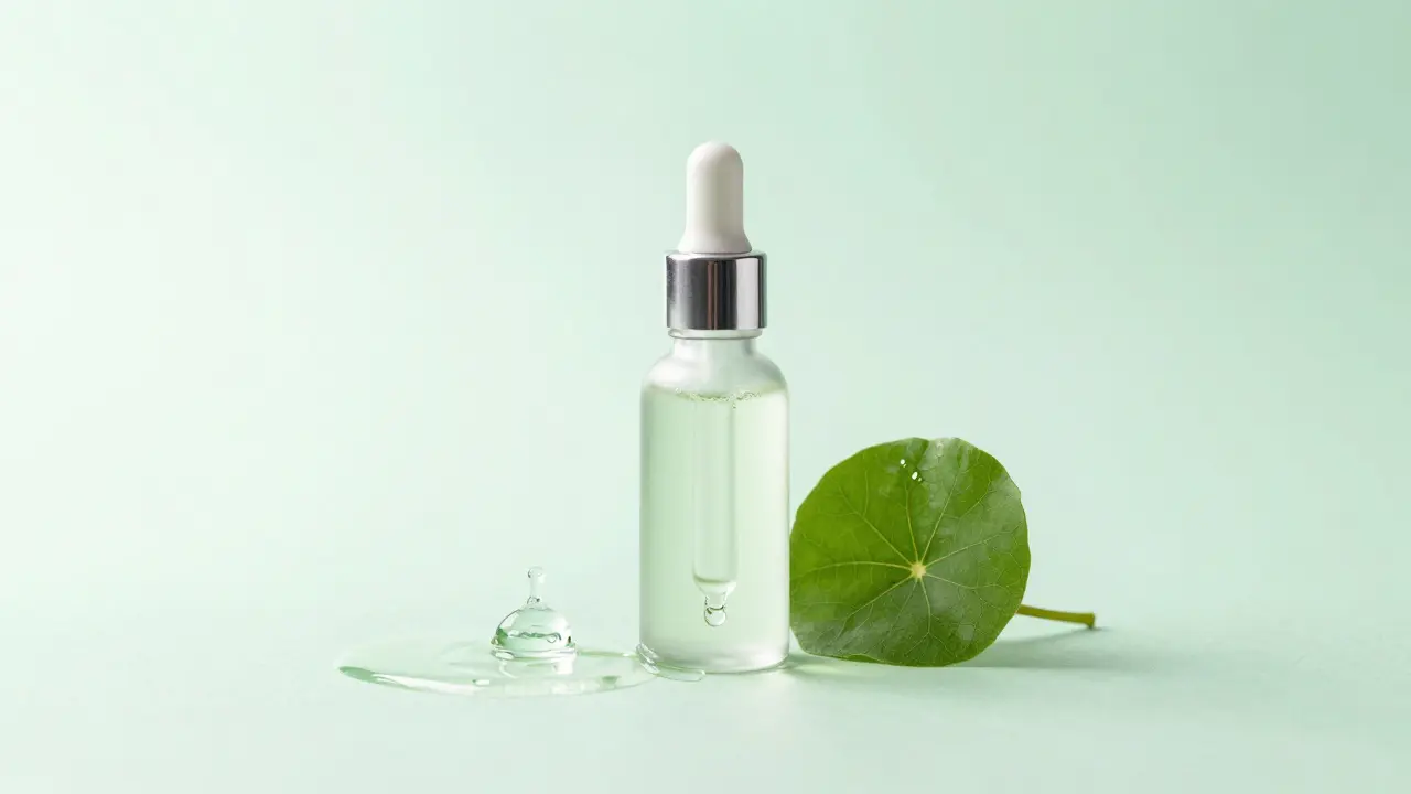 Sérum, list Centelly Asiaticae a hyaluronový gel na světlém pozadí.