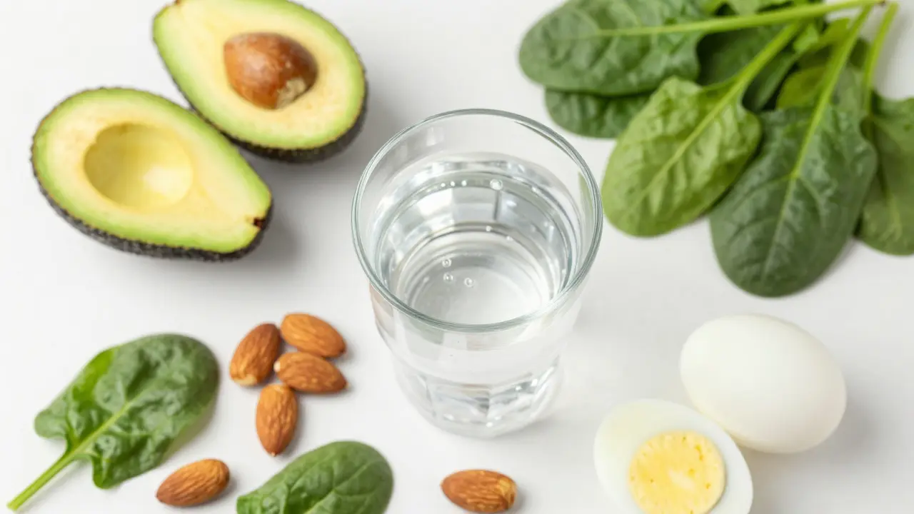 Sestava zdravých potravin pro vlasy: vajíčka, ořechy, špenát a voda.