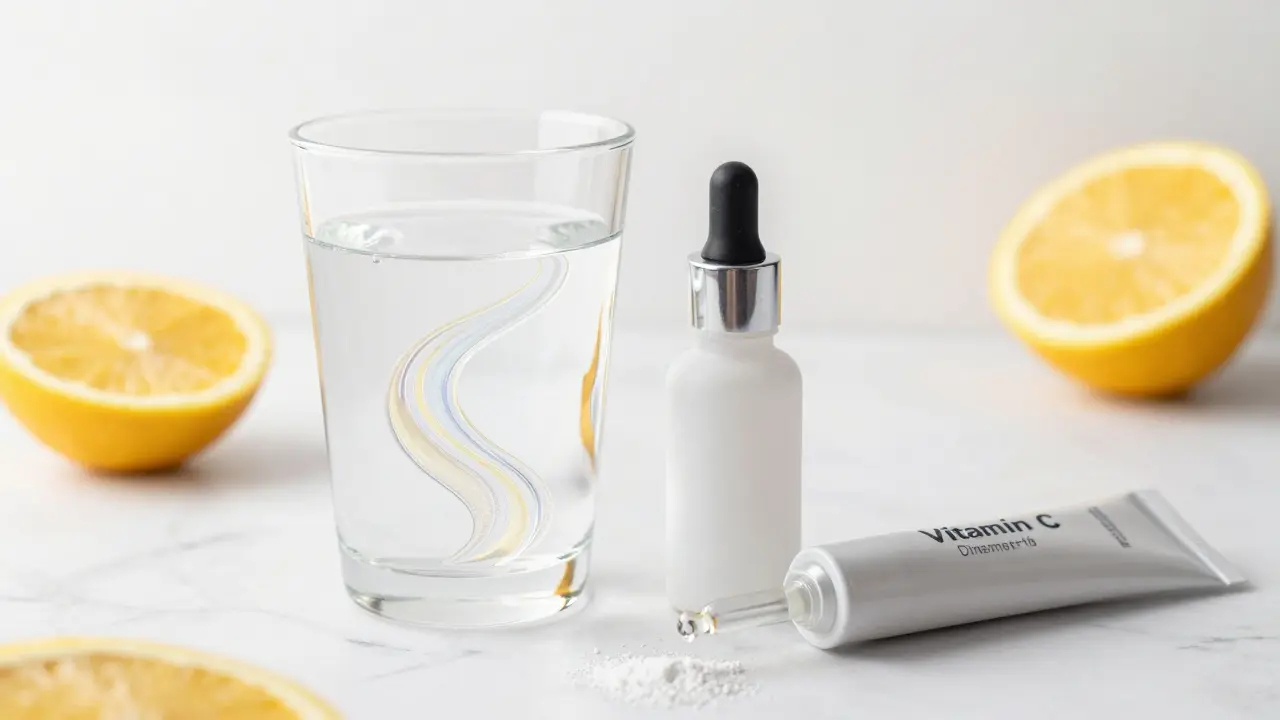 Sklice s kolagenem, sérum s vitaminem C a retinol na mramorovém podkladu.