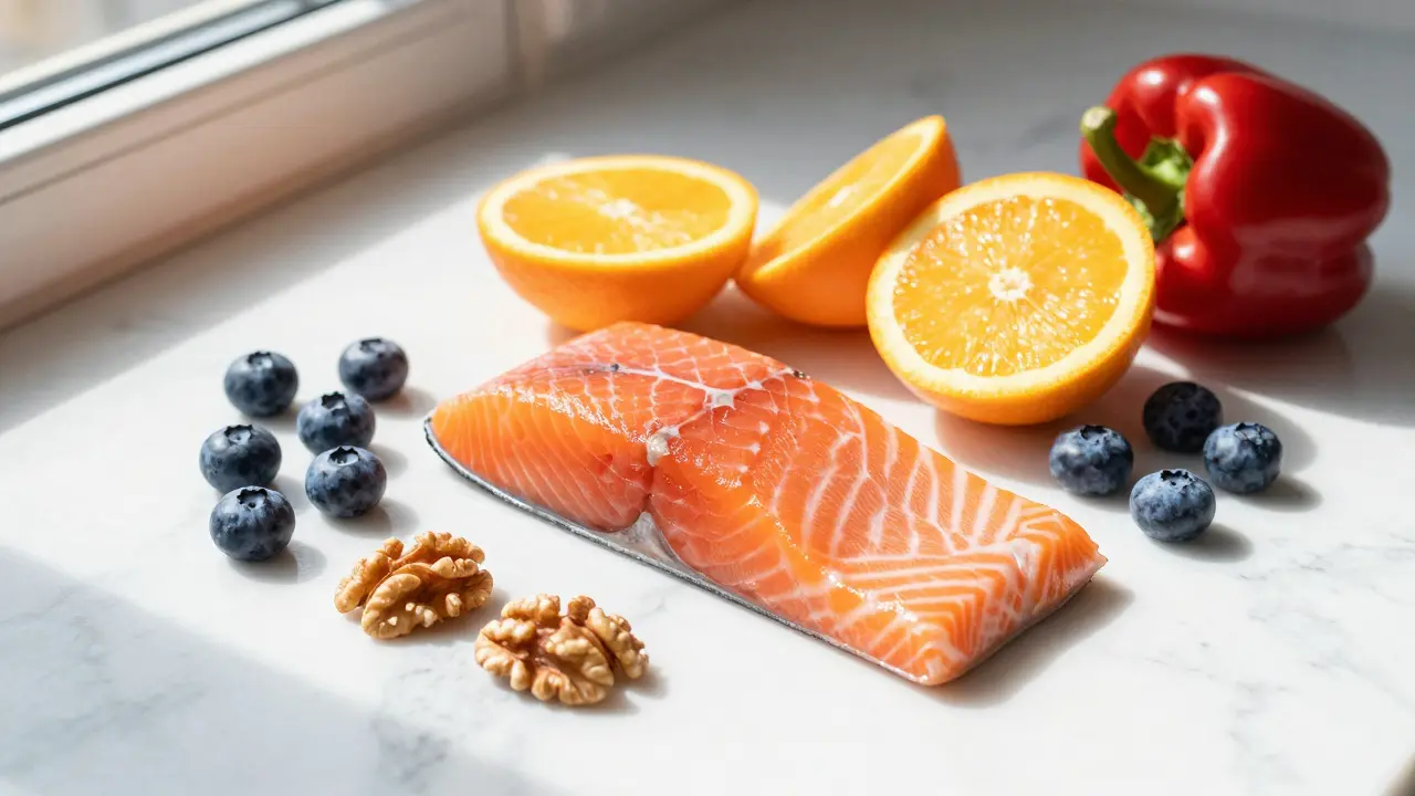 Zdravá protizánětlivá strava s lososem, bobulovým ovocem a citrusy.