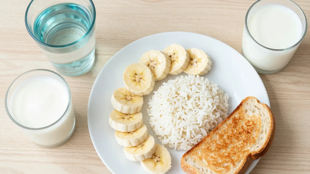 Zdravá snídaně s rýží, banánem, toastem a iontovým nápojem na světlém stole.