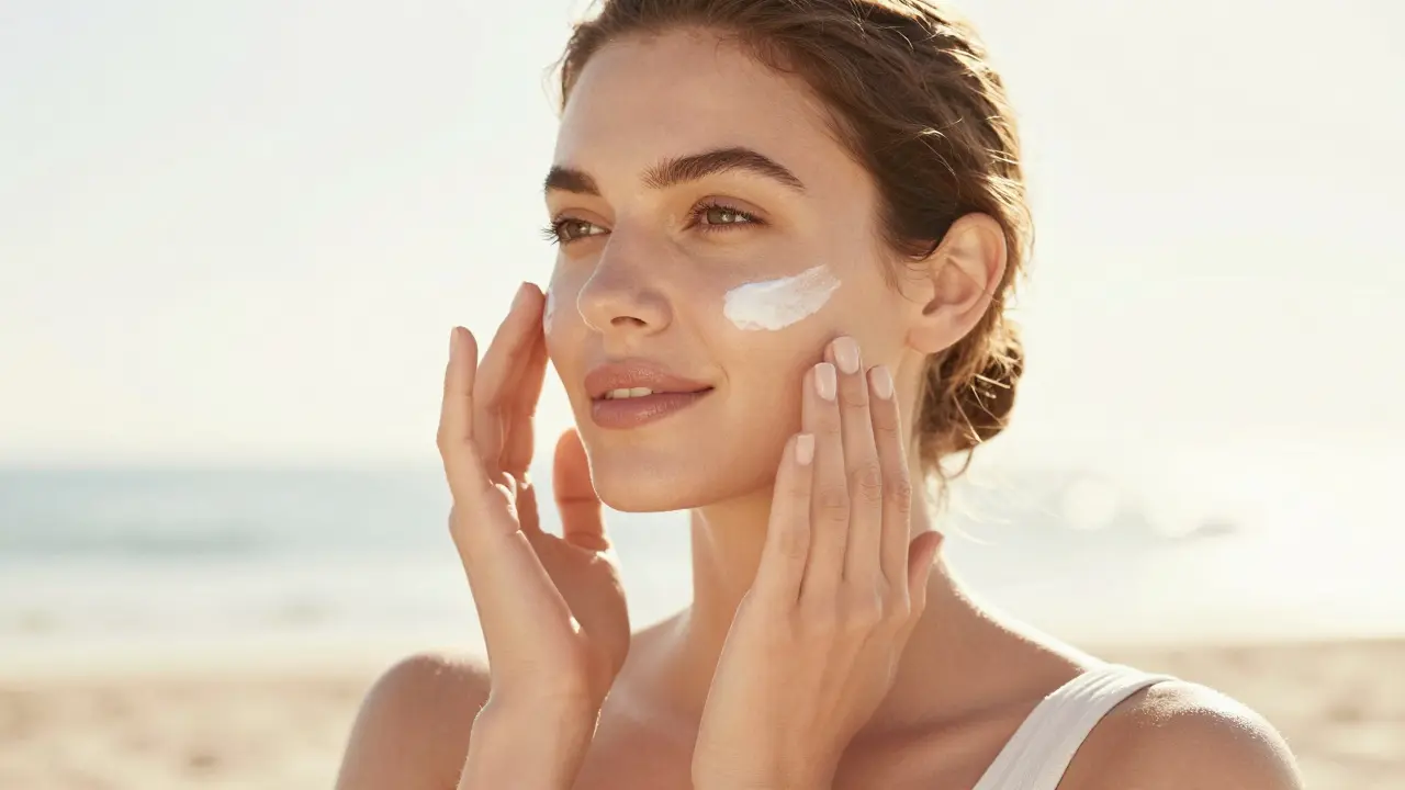 Žena aplikující minerální SPF ochranný krém na tvář za slunečného dne.