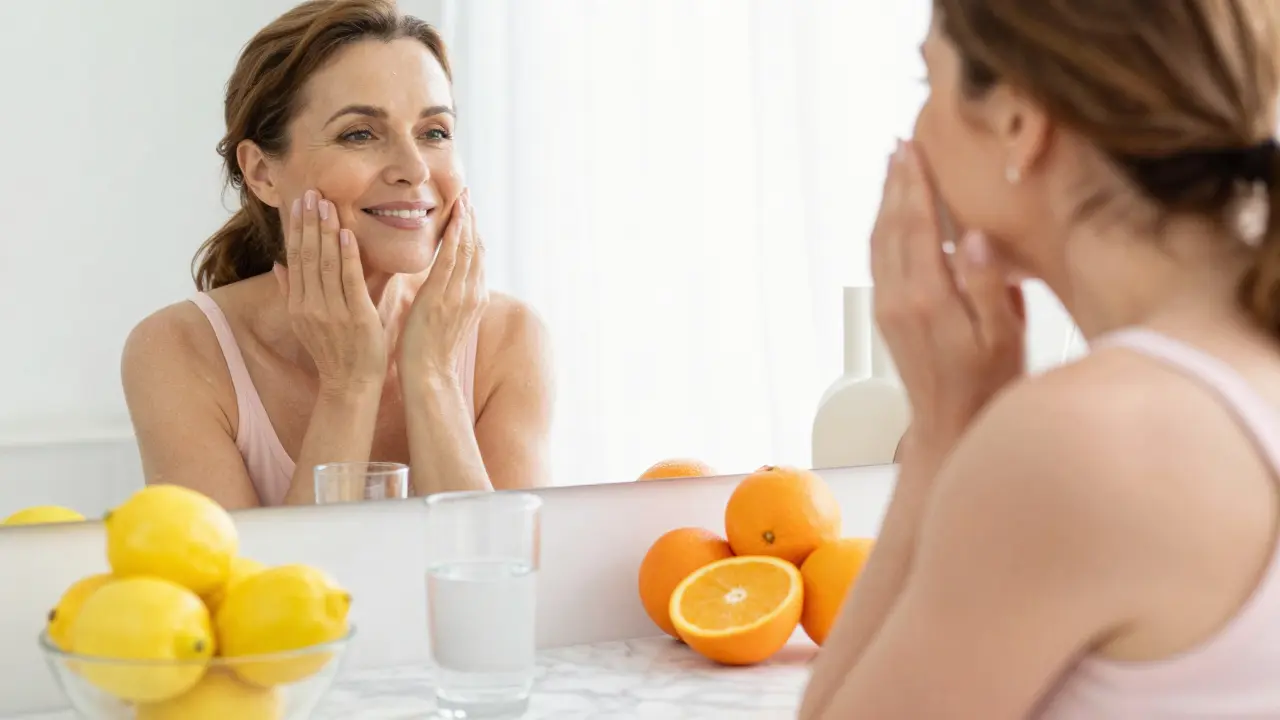 Žena s vypékanou pletí a zdravými nehty vedle citrusových plodů.