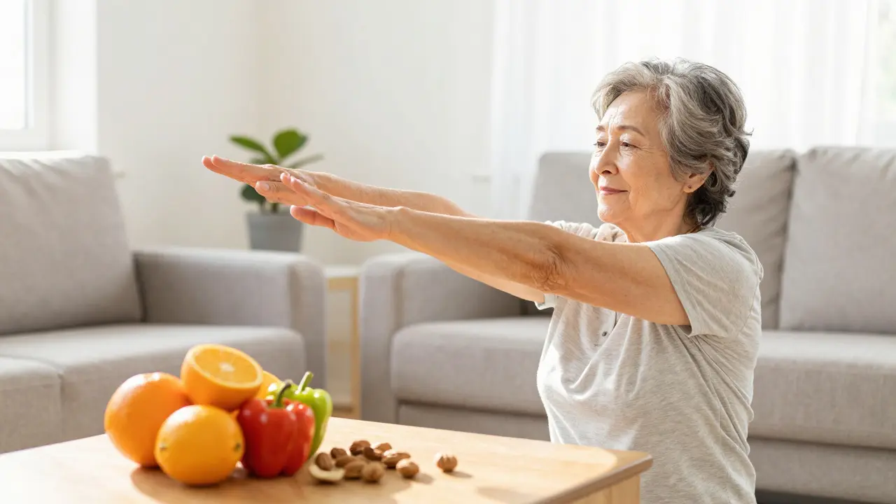 Aktivní senior cvičí doma vedle ovoce bohatého na vitamín C
