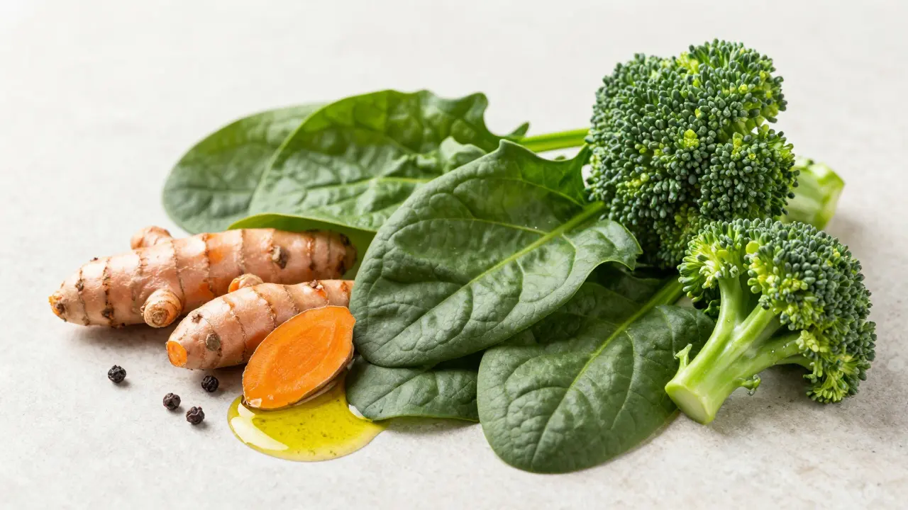 Čerstvý kurkuma, pepř, špenát a brokolice pro detoxikaci