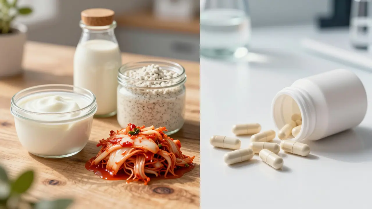 Fermentované potraviny vedle kapslí s probiotiky na stole