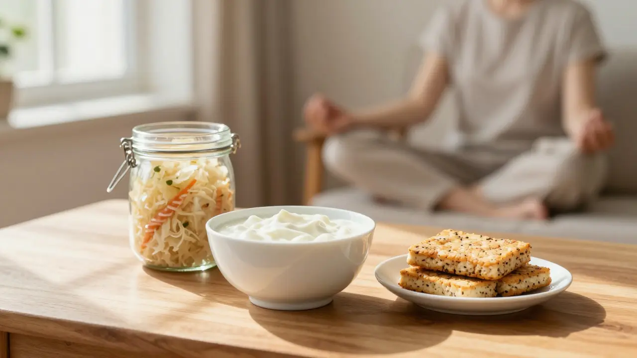 Klidná scéna s fermentovanými potravinami a meditací pro zdraví