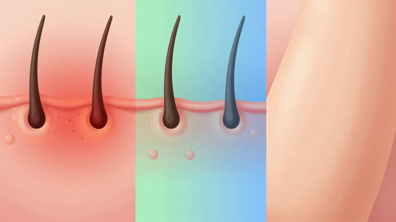 Konceptuální ilustrace tří fází hojení kůže po laserovém ošetření od zánětu po regeneraci.