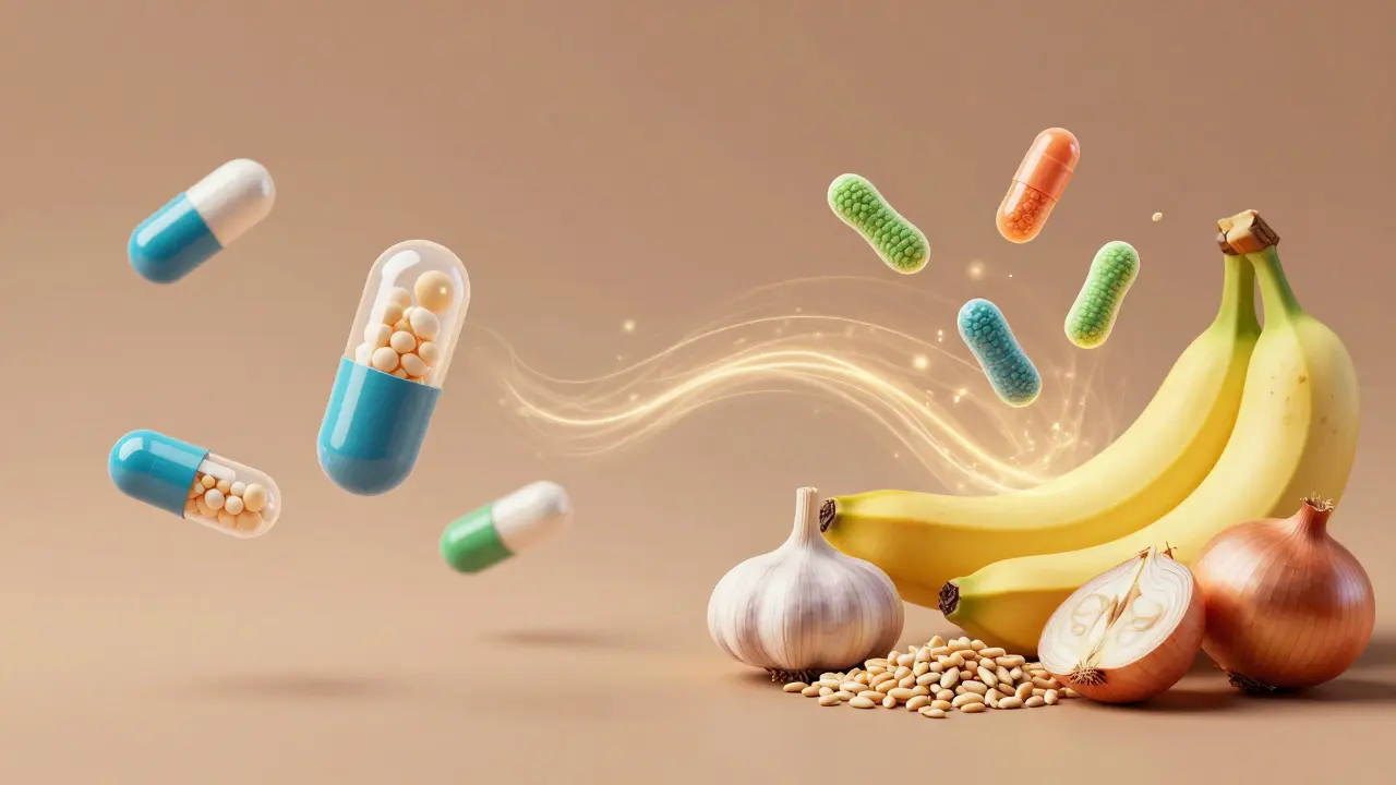 Konceptuální umění zobrazující synergii probiotik a prebiotik