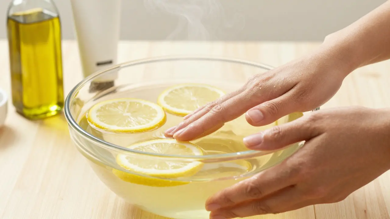 Ruce namočené v teplé vodě s olivovým olejem a plátky citronu