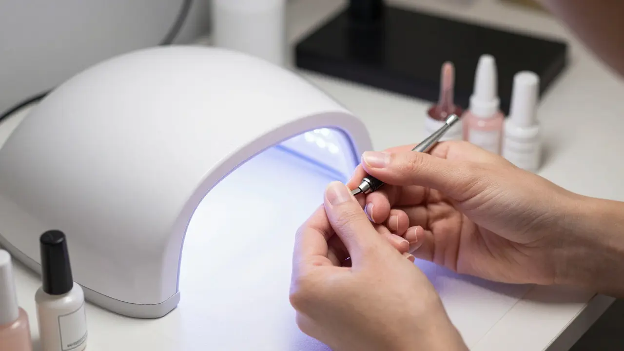 Ruce pod LED lampou při aplikaci gelového laku na nehty