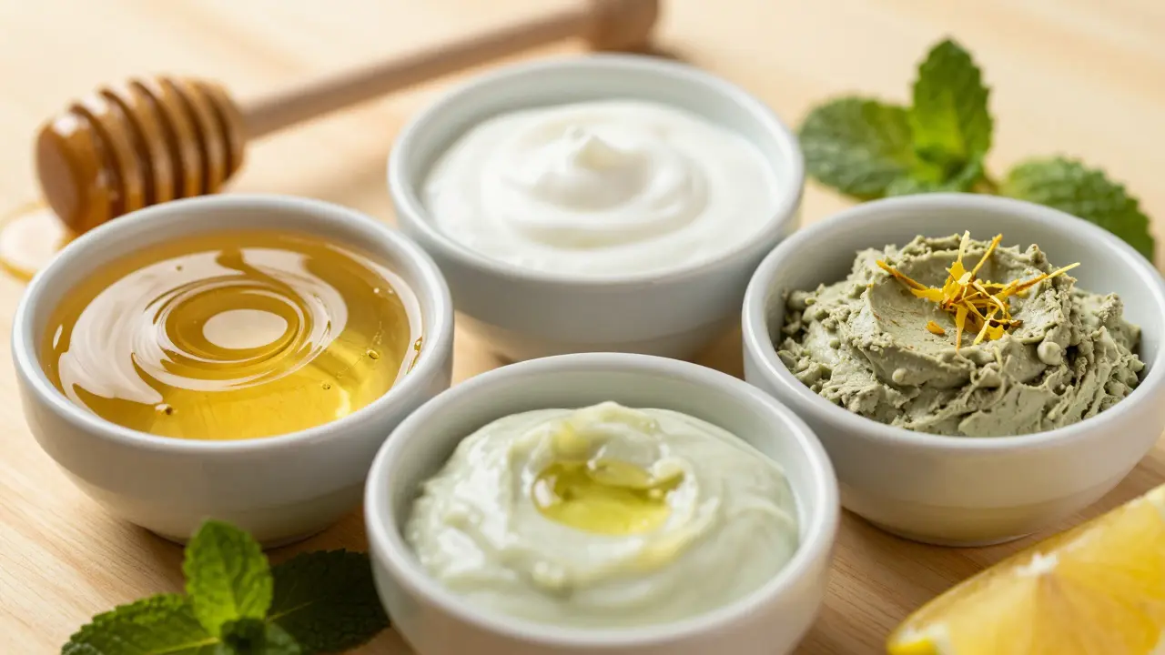 Tři misky s domácími pleťovými maskami z aloe, medu a hlíny