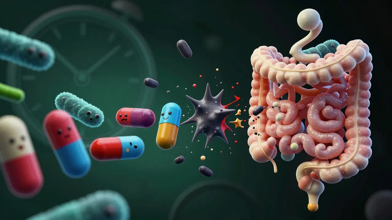 Vizuální metafora interakce mezi antibiotiky a probiotiky