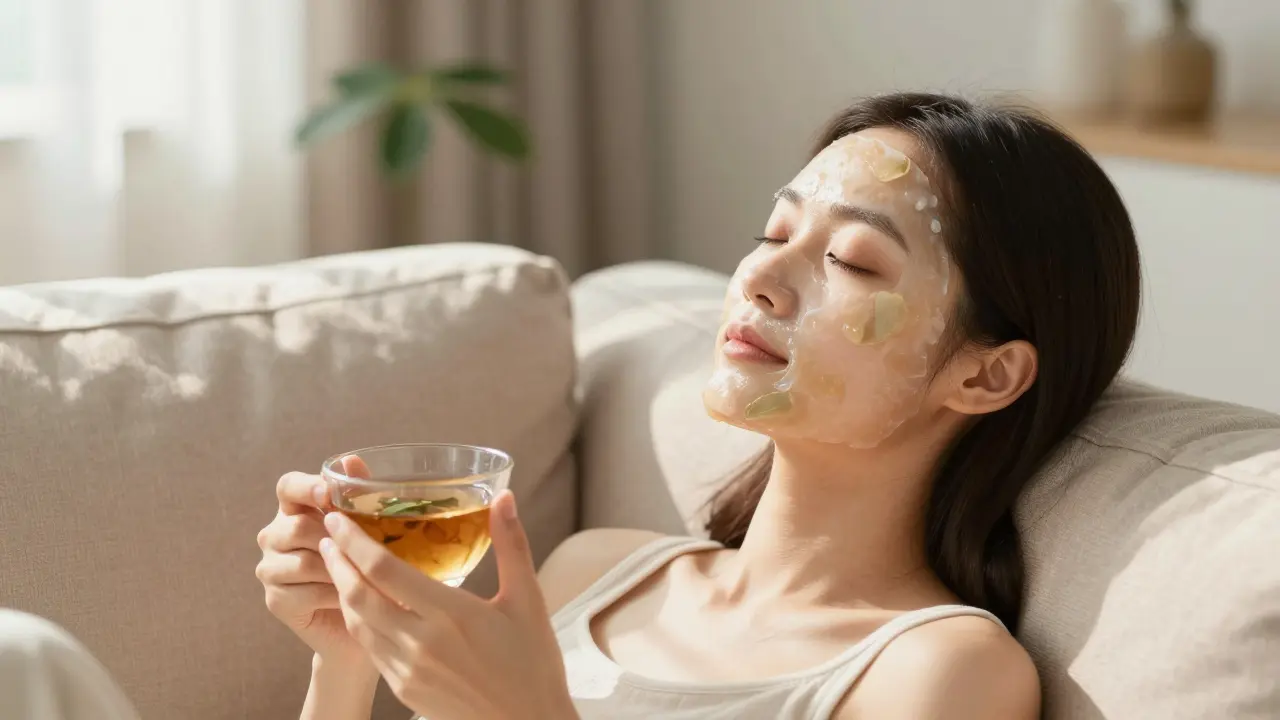 Žena relaxuje doma s aplikovanou maskou z aloe vera na obličeji