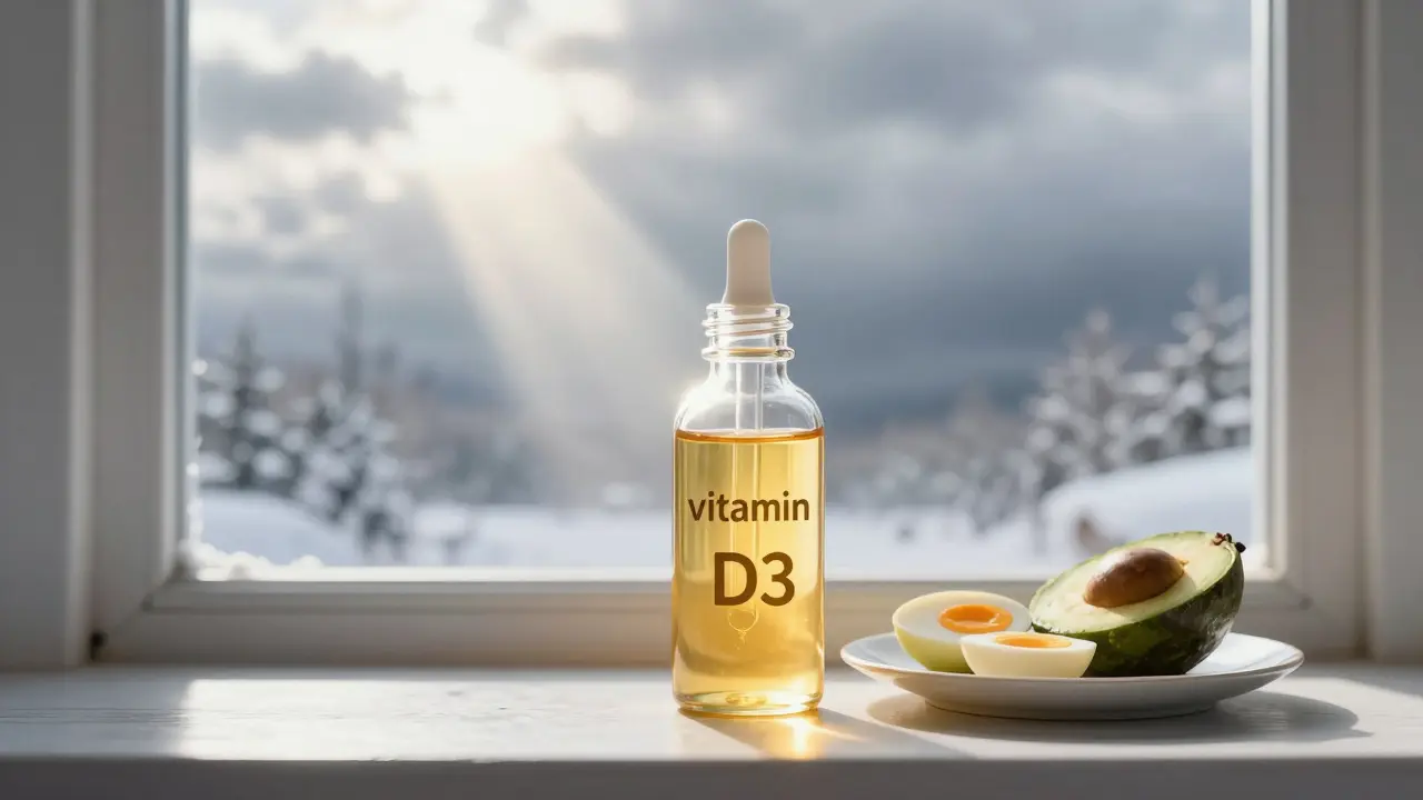 Zlatá láhev s vitaminem D3 na okně v zimním dne symbolizuje slunce.