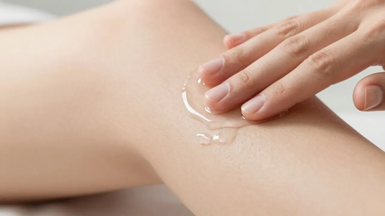 Detailní záběr na aplikaci gelu a natáhnutí kůže pro bezpečné holení