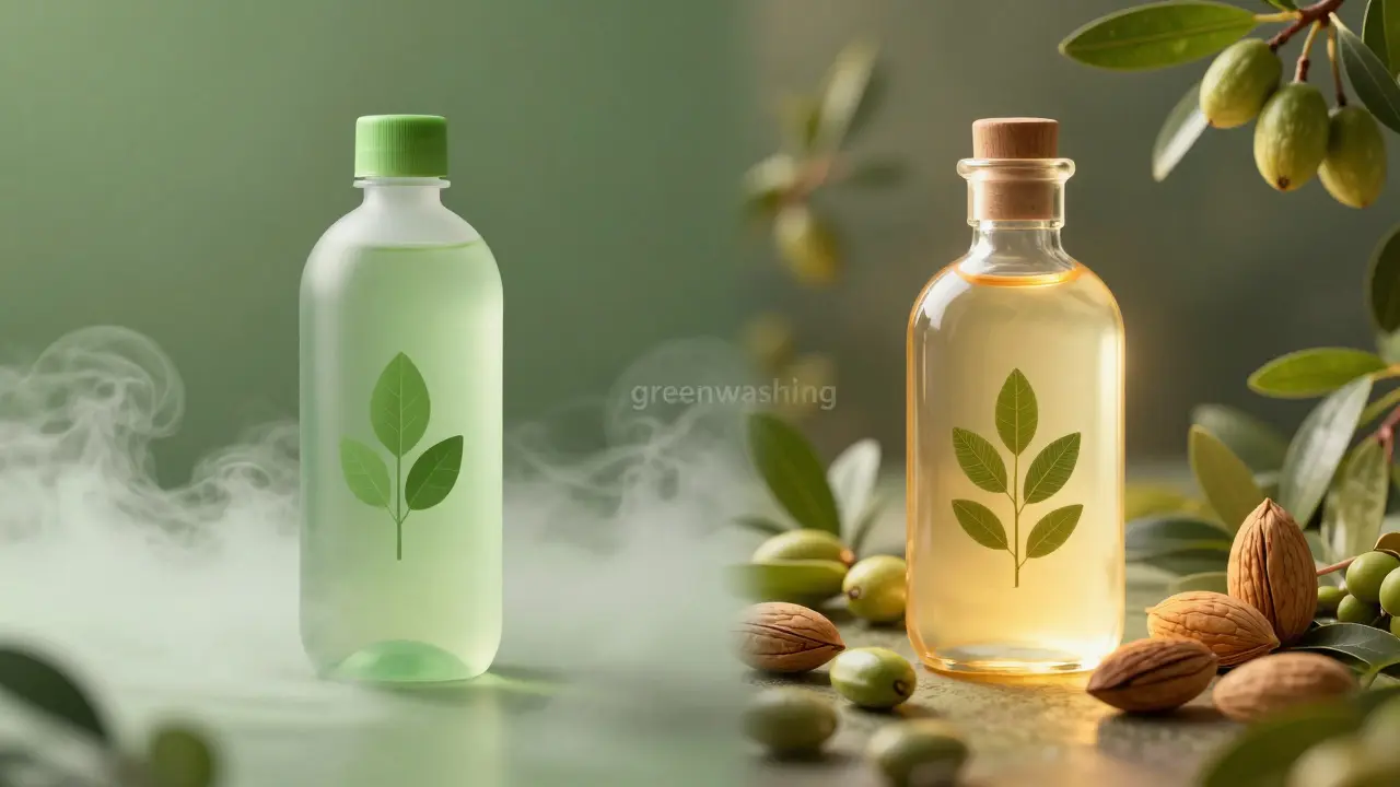 Konceptuální porovnání falešného a certifikovaného bio produktu s rostlinami